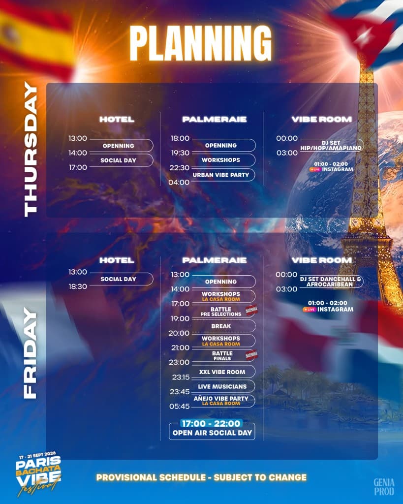 Affiche planning Paris Bachata Vibe Festival 2026 — jeudi et vendredi : colonnes Hôtel, Palmeraie, Vibe Room avec horaires et événements.