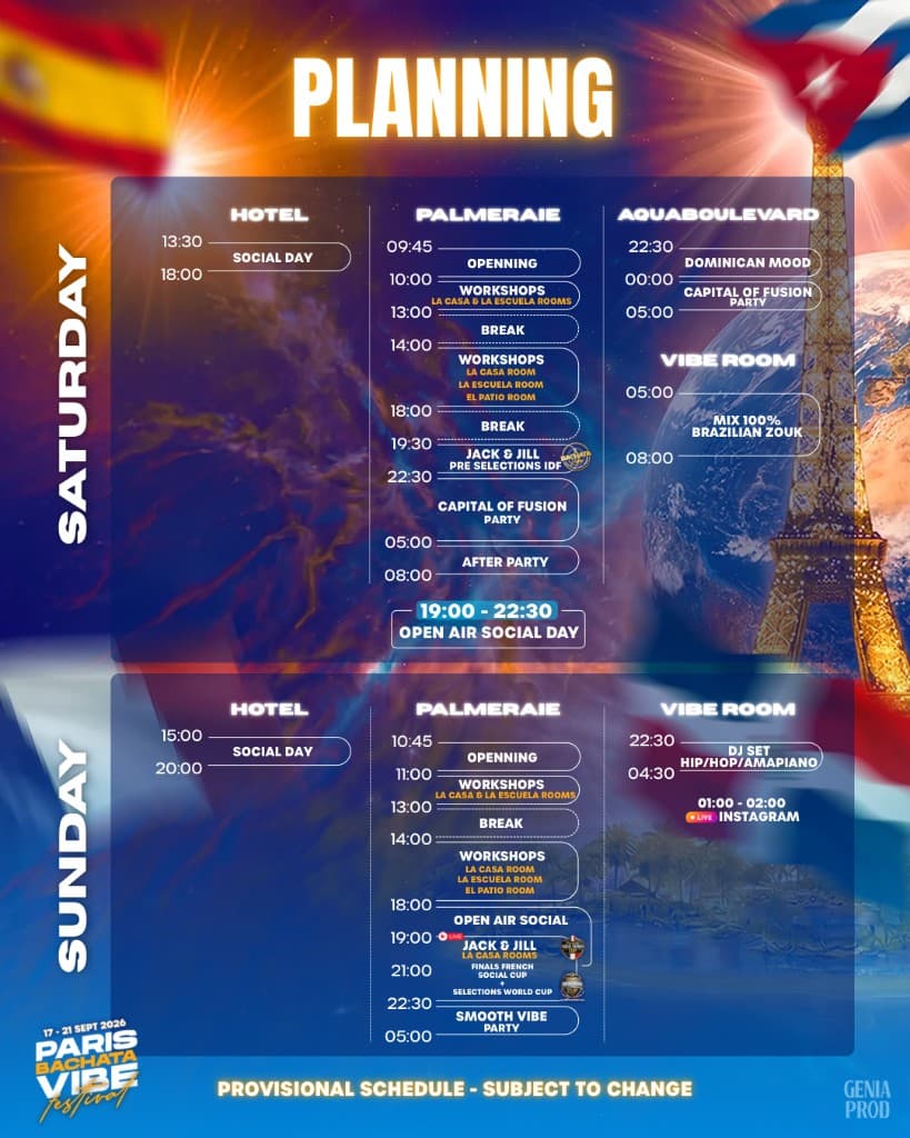 Affiche planning Paris Bachata Vibe Festival 2026 — samedi et dimanche : Hôtel, Palmeraie, Aquaboulevard, Vibe Room, Jack & Jill et soirées.
